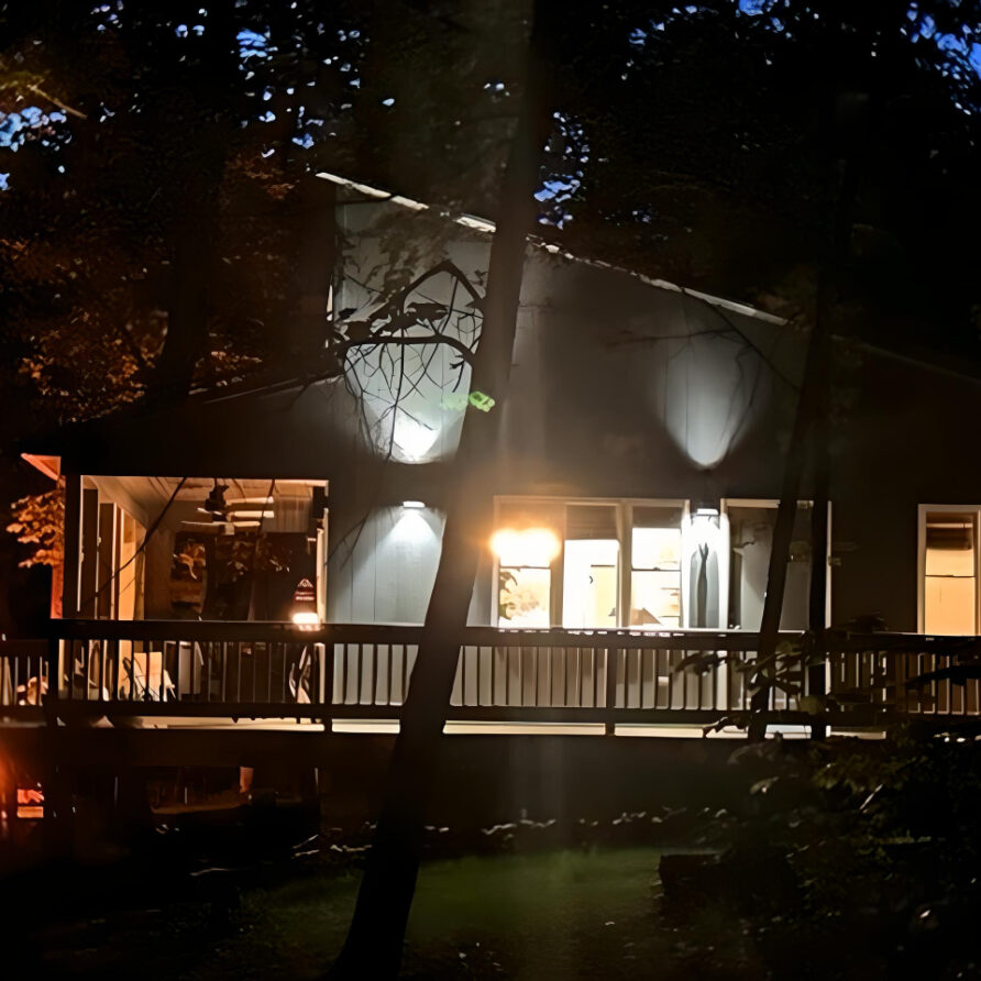 Outdoors at night at Moss Creek cabin rental in Southern Illinois, perfect for a luxurious and peaceful nature getaway for families.